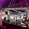 Foto noturna de artistas sobre o palco do coreto, com plateia ao fundo e com decoração junina e show de luzes